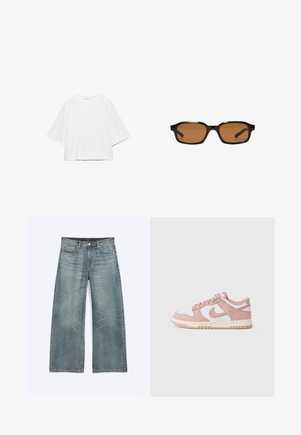 Hvid, kortærmet, løs t-shirt lavet af blød bomuld. Har rund halsudskæring og brede ærmer, med et rent, enkelt design.; Blå vidde jeans med forlommer, bæltestropper, knaplukning og subtile falmede detaljer på lår og knæ.; Sneakeren har en blød rosa ruskinds-overdel, hvide læderpaneler og en tekstureret gummisål. Iøjnefaldende swoosh-logo på siderne og snørebinding.; Sorte rektangulære solbriller med tykke stel og brune tonede linser, vist forfra på en hvid baggrund.