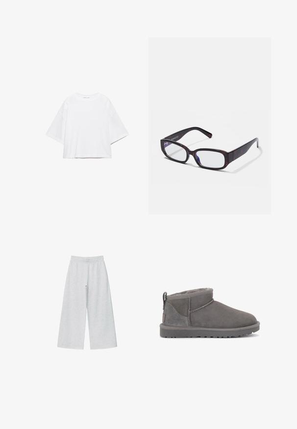 T-shirt blanc à manches courtes, coupe carrée, en coton doux. Présente un col rond et des manches larges, avec un design épuré et simple.; Pantalons larges gris clair en tissu doux avec une taille élastique. Le design présente une coupe ample pour un confort et une liberté de mouvement.; Bottines en daim gris avec une doublure intérieure douce, des coutures minimales et une semelle en caoutchouc moulée. Présente un passant à l'arrière.; Lunettes rectangulaires en écaille de tortue brune avec des verres transparents et des branches épurées, présentant une texture lisse et un design minimaliste.