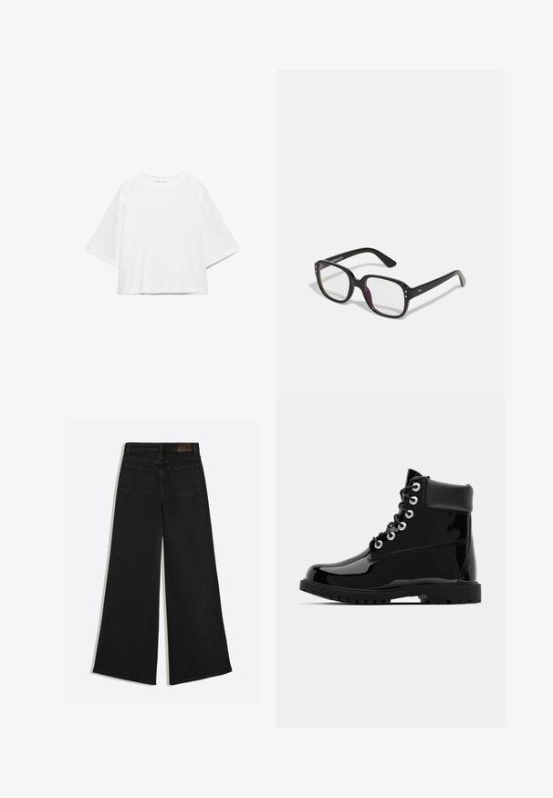 Weißes, kurzärmeliges, kastiges T-Shirt aus weicher Baumwolle. Es verfügt über einen Rundhalsausschnitt und breite Ärmel mit einem klaren, schlichten Design.; Schwarze Jeans mit weitem Bein, von hinten gezeigt, mit zwei Gesäßtaschen und Gürtelschlaufen am Bund.; Schwarze, glänzende Knöchelstiefel mit einer glatten Lackleder-Oberfläche, runder Zehenform, Schnürung mit sechs Ösen und einer robusten Gummisohle.; Schwarze rechteckige Brille mit klaren Gläsern, abgerundeten Kanten und seitlichen Akzenten, mit glänzender Oberfläche des Rahmens und der Bügel.