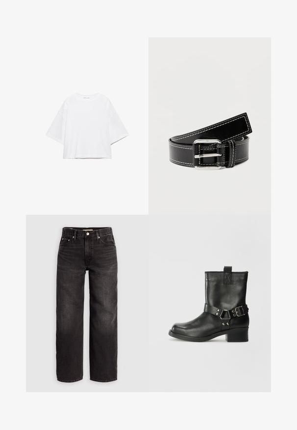 Wit, kort mouw, boxy t-shirt gemaakt van zacht katoen. Heeft een ronde hals en brede mouwen, met een strak, eenvoudig ontwerp.; Levi's® BAGGY DAD - Baggy jeans - shrink up; Samsøe Samsøe SABRENTA - Cowboy-/Bikerlaarsjes - black; Zwarte leren riem met witte stiksels en zilverkleurige rechthoekige gesp, opgerold op een effen lichte achtergrond.