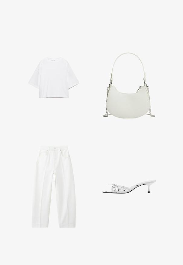 T-shirt blanc à manches courtes, coupe carrée, en coton doux. Présente un col rond et des manches larges, avec un design épuré et simple.; Jean blanc à taille haute, coupe droite, avec poches avant, passants pour ceinture et fermeture par bouton.; Sandale blanche à talon avec des pois noirs, bout ouvert, fines brides et un petit nœud à l'avant, vue de profil.; Sac à main synthétique blanc de forme courbée, avec une bandoulière en chaîne et un design minimaliste. Texture lisse avec des accents en métal argenté.