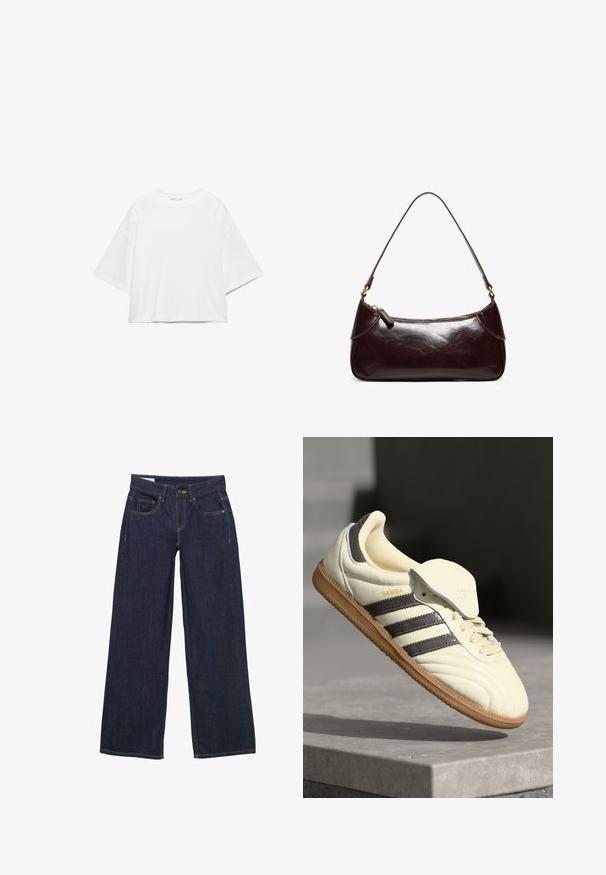 Hvid, kortærmet, løs t-shirt lavet af blød bomuld. Har rund halsudskæring og brede ærmer, med et rent, enkelt design.; Mørkeblå vidde jeans lavet af denim med knap- og lynlåslukning, fem lommer og gule syninger som accents.; Cremefarvede lædersneakers med tre mørke striber, en brun gummisål og en afrundet tå. Har en foldbar tunge mærket "SAMBA."; Mørkebrun skuldertaske i læder med en enkelt rem og lynlås, rektangulær form med afrundede kanter på hvid baggrund.