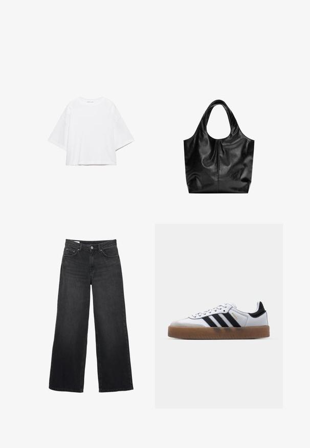 T-shirt blanc à manches courtes, coupe carrée, en coton doux. Présente un col rond et des manches larges, avec un design épuré et simple.; Jean noir à jambes larges avec taille haute, fermeture à boutons et fermeture éclair à l'avant, passants pour ceinture et conception à cinq poches.; Baskets en cuir blanc avec des rayures noires, semelle extérieure en caoutchouc beige, bout rond, fermeture lacée et embout en suède gris doux.; Sac fourre-tout en cuir noir avec une texture lisse, un haut arrondi doux et de larges poignées. Présente une couture minimale et une silhouette décontractée.