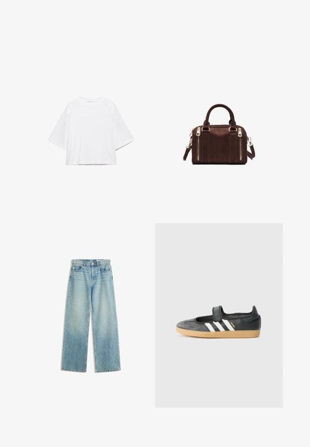 Hvid, kortærmet, løs t-shirt lavet af blød bomuld. Har rund halsudskæring og brede ærmer, med et rent, enkelt design.; Lyseblå denimjeans med bred bendesign, mellemhøj talje, fem lommer, kontrastsyninger og minimal lyseeffekt for et klassisk look.; Sort læder- og ruskinds sneakers med en Velcro-rem, der har tre hvide striber og en gummisål, mærket "SAMBA" på siden.; Brun rektangulær håndtaske i læder med to håndtag, to lodrette lynlåslommer foran og en aftagelig skulderrem.