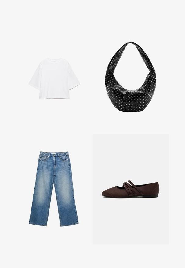 Weißes, kurzärmeliges, kastiges T-Shirt aus weicher Baumwolle. Es verfügt über einen Rundhalsausschnitt und breite Ärmel mit einem klaren, schlichten Design.; Hellblaue, weit geschnittene Jeans aus Denim mit einem hellen Waschung, fünf Taschen, einem Knopfverschluss und sichtbaren Nähten entlang der Nähte.; Brauner flacher Schuh mit spitzer Spitze und zwei dünnen, sich über den Spann kreuzenden Riemen, sichtbaren Nahtdetails und niedrigem Absatz.; Schwarze Lederhandtasche mit lässiger Form, verziert mit silbernen Nieten und einem breiten Schulterriemen. Glatte Textur mit gerafftem Design.