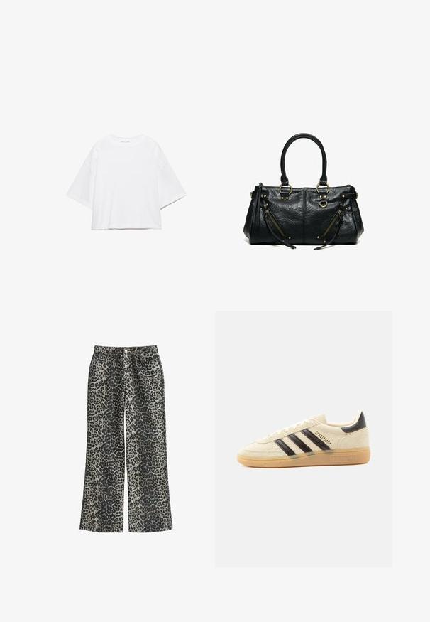 Wit, kort mouw, boxy t-shirt gemaakt van zacht katoen. Heeft een ronde hals en brede mouwen, met een strak, eenvoudig ontwerp.; Leopardprint wijde broek van zachte stof, met een hoge taille, vijf zakken en metalen knoopsluiting.; Crèmekleurige suède sneaker met zwarte strepen, rubberen zool, zwart hieltabje en gouden "SPEZIAL" tekst aan de zijkant.; Zwarte leren handtas met twee hengsels, twee schuine ritssluitingzakken met kwastjes en goudkleurige metalen ringen en studs.