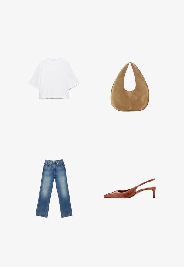 Weißes, kurzärmeliges, kastiges T-Shirt aus weicher Baumwolle. Es verfügt über einen Rundhalsausschnitt und breite Ärmel mit einem klaren, schlichten Design.; Helle Denim-Hosen mit weitem Bein und einem verwaschenen Finish, fünf Taschen, sichtbaren Nähten, Knopf- und Reißverschluss sowie geradem Schnitt.; Brauner Leder Slingback-Schuh mit spitz zulaufender Schuhspitze, niedrigem Kittenabsatz und dünnem Riemen um die Ferse vor weißem Hintergrund.; Hellbraune Wildleder-Hobo-Tasche mit breitem, rundem Korpus und einem flachen Henkel, vor weißem Hintergrund abgebildet.