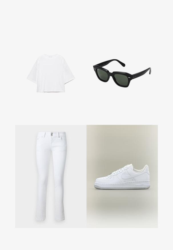 Weißes, kurzärmeliges, kastiges T-Shirt aus weicher Baumwolle. Es verfügt über einen Rundhalsausschnitt und breite Ärmel mit einem klaren, schlichten Design.; Weiße Jeans aus Denim, mit schmaler Passform, zwei vorderen Taschen, einem Knopf- und Reißverschluss sowie einem leichten Schlag am Saum.; Weißer Nike Air Force 1 Sneaker in Low-Top-Form mit Schnürsenkeln, perforierter Zehenkappe und strukturierter Gummisohle vor neutralem Hintergrund.; Schwarze quadratische Sonnenbrillen mit dunkelgrünen Gläsern, ausgestattet mit markanten Rahmen und silbernen Akzenten an den Seiten. Hergestellt in Italien.