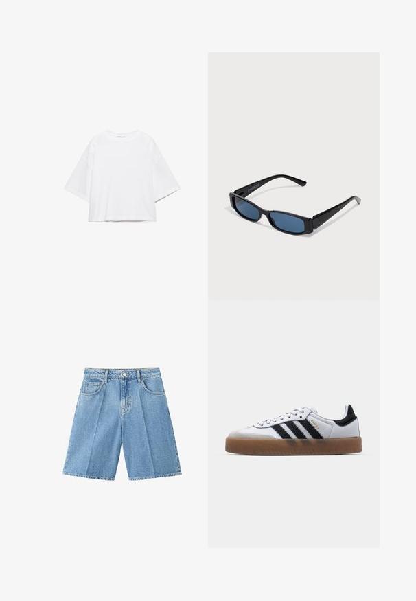 T-shirt blanc à manches courtes, coupe carrée, en coton doux. Présente un col rond et des manches larges, avec un design épuré et simple.; Shorts en jean bleu clair avec poches avant, passants pour ceinture, fermeture par bouton et coupe jusqu'aux genoux, sur fond blanc.; Baskets en cuir blanc avec des rayures noires, semelle extérieure en caoutchouc beige, bout rond, fermeture lacée et embout en suède gris doux.; Lunettes de soleil noires avec une monture rectangulaire élégante et des verres bleus. Présente une texture lisse et des branches robustes. Logo de la marque sur le côté.
