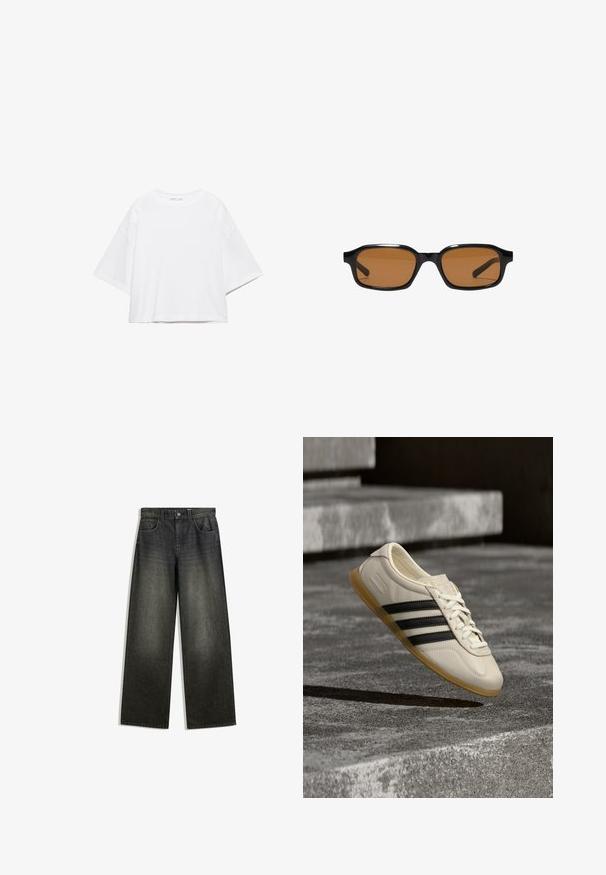 T-shirt blanc à manches courtes, coupe carrée, en coton doux. Présente un col rond et des manches larges, avec un design épuré et simple.; Jeans évasés en denim gris foncé avec une finition délavée, un design à cinq poches et une fermeture à bouton à la taille.; Baskets blanches avec des bandes noires et une semelle en gomme flottant au-dessus d’escaliers en béton dans une lumière douce du jour.; Lunettes de soleil rectangulaires noires avec des montures épaisses et des verres teintés marron, vues de face sur un fond blanc.