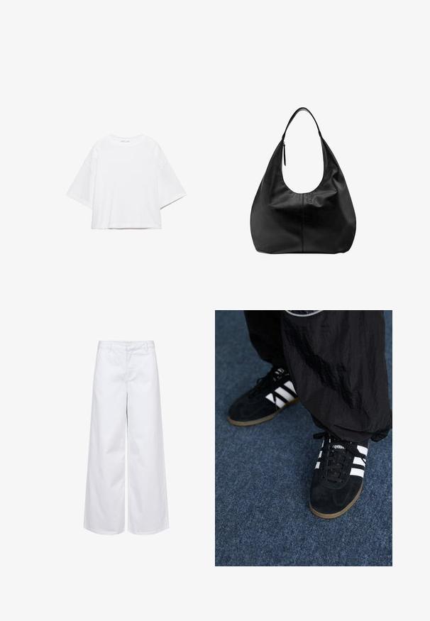 Hvid, kortærmet, løs t-shirt lavet af blød bomuld. Har rund halsudskæring og brede ærmer, med et rent, enkelt design.; Hvide bredbenede bukser lavet af bomuld, med en struktureret talje og forlommer. Glat tekstur med et rent, minimalistisk design.; Sorte suedetrainingssko med tre hvide striber og sorte snørebånd. Et tekstureret sort bukser er delvist synligt ved siden af skoene.; Sort læder slouchy hobo-håndtaske med en enkelt bred rem og en lynlåsdetalje på en ensfarvet hvid baggrund.