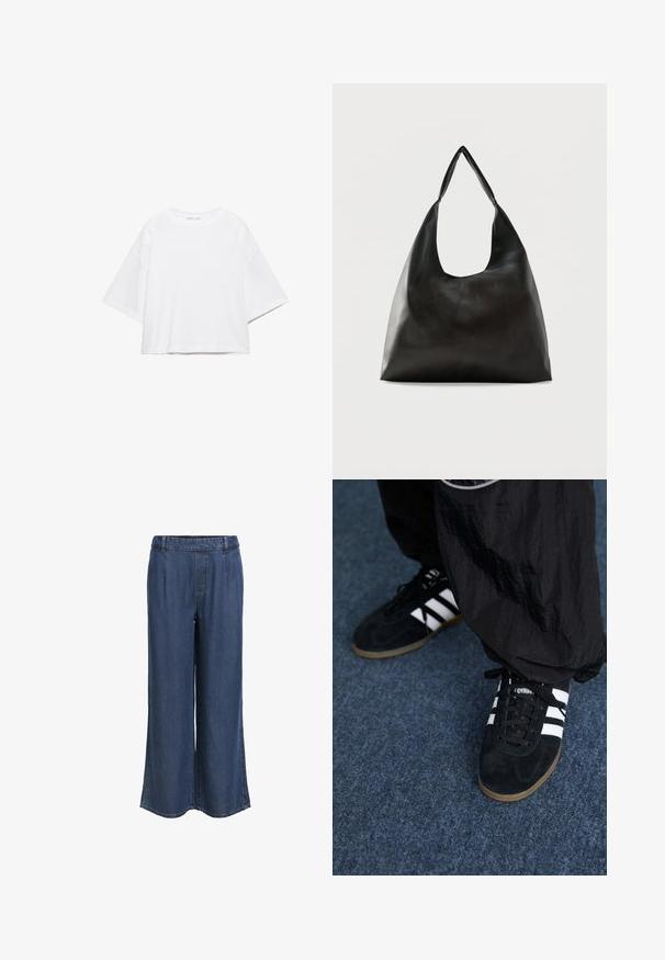 Hvid, kortærmet, løs t-shirt lavet af blød bomuld. Har rund halsudskæring og brede ærmer, med et rent, enkelt design.; Mørkeblå denimbukser med lige ben, elastisk talje og bæltestropper, uden synlige lommer, præsenteret på en hvid baggrund.; Sorte suedetrainingssko med tre hvide striber og sorte snørebånd. Et tekstureret sort bukser er delvist synligt ved siden af skoene.; Sort skuldertaske i glat læder med en bred, enkelt strop og et afslappet, minimalistisk design mod en ensfarvet baggrund.