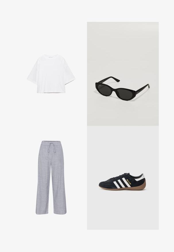 Wit, kort mouw, boxy t-shirt gemaakt van zacht katoen. Heeft een ronde hals en brede mouwen, met een strak, eenvoudig ontwerp.; Grijze en witte gestreepte wijde broek met een elastische tailleband en koord. Lichtgewicht stof met een relaxte pasvorm.; Zwarte suède sneaker met drie witte strepen, een rubberen gumzool en een klein gouden logo aan de zijkant. Heeft een gladde zwarte binnenvoering.; Zwarte zonnebril met een smal, kattenoogvorm. Gemaakt van glad plastic, met donkere glazen en subtiele logo-accenten op de veren.