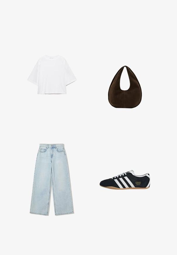 Wit, kort mouw, boxy t-shirt gemaakt van zacht katoen. Heeft een ronde hals en brede mouwen, met een strak, eenvoudig ontwerp.; Lichtblauwe wijde spijkerbroek van denim, met een hoge taille, vijf zakken en zichtbare stiksels langs de naden.; Zwarte suède sneaker met witte drie strepen, gouden logo en een bruine rubberen zool. Heeft een laag profiel vetersluiting ontwerp.; Donkerbruine suède handtas in halve maanvorm met een enkele brede riem en een gladde textuur op een witte achtergrond.