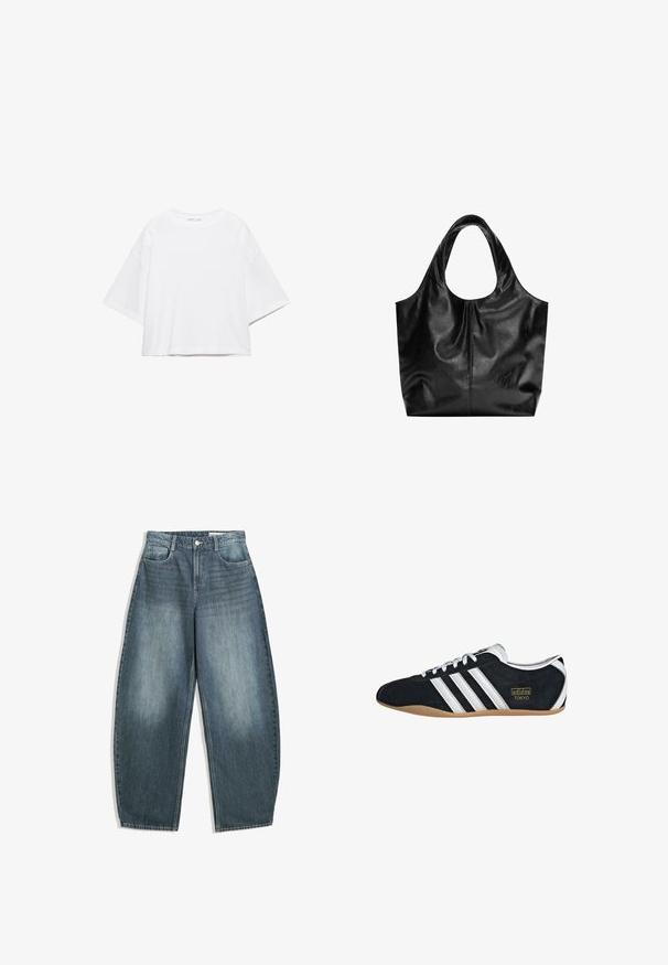 Wit, kort mouw, boxy t-shirt gemaakt van zacht katoen. Heeft een ronde hals en brede mouwen, met een strak, eenvoudig ontwerp.; Lichtblauwe denim wijde pijpen jeans hebben een hoge taille, vijf zakken, subtiele vervaging en stikselaccenten langs de naden.; Zwarte suède sneaker met witte drie strepen, gouden logo en een bruine rubberen zool. Heeft een laag profiel vetersluiting ontwerp.; Zwarte leren tote bag met een gladde textuur, een zachte ronde bovenkant en brede handvatten. Kenmerkt zich door minimale stiksels en een slungelige silhouet.