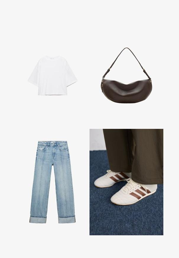 Weißes, kurzärmeliges, kastiges T-Shirt aus weicher Baumwolle. Es verfügt über einen Rundhalsausschnitt und breite Ärmel mit einem klaren, schlichten Design.; Hellblaue Denim-Jeans im weiten Schnitt mit hoher Taille, ausgestattet mit fünf Taschen, sichtbaren Nähten und umgeschlagenen Säumen an den Bündchen.; Weiße Sneaker mit braunen Streifen, getragen mit braunen Hosen auf einem blauen Teppichboden.; Dunkelbraune Leder-Schultertasche mit geschwungener Form, verstellbarem Riemen und goldenem Reißverschluss entlang des unteren Randes.
