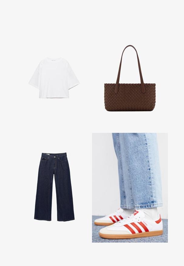 Wit, kort mouw, boxy t-shirt gemaakt van zacht katoen. Heeft een ronde hals en brede mouwen, met een strak, eenvoudig ontwerp.; Donkerblauwe denim jeans met wijde pijpen, voorzakken, riemlussen en een knoopsluiting.; Witte leren sneakers met rode strepen en accenten. Voorzien van een getextureerde gumrubberen outsole en een gevoerde kraag. Draag ze met lichtblauwe denim.; Bruine leren handtas met een geweven textuurpatroon, voorzien van twee lange, smalle handvatten voor schouderdragen.