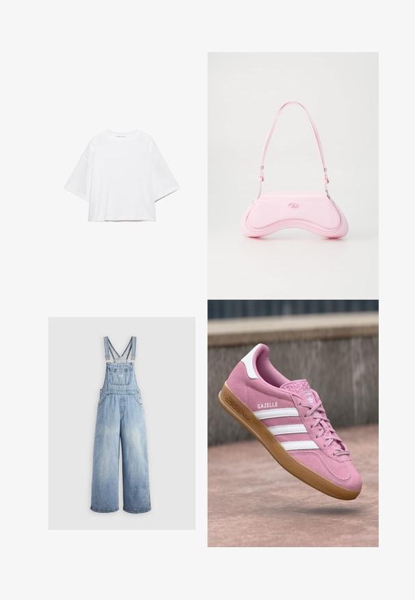 Wit, kort mouw, boxy t-shirt gemaakt van zacht katoen. Heeft een ronde hals en brede mouwen, met een strak, eenvoudig ontwerp.; Lichtblauwe denim overall met wide benen, verstelbare schouderbanden, een voorzak en metalen knopen aan de zijkanten. Klassieke stijl met een ontspannen pasvorm.; Roze suède sneaker met een wit drie-stripes ontwerp en logo. Heeft een gestructureerde neus en een gum zool. Modelnaam "Gazelle" weergegeven aan de zijkant.; Diesel Handtas - quartz pink