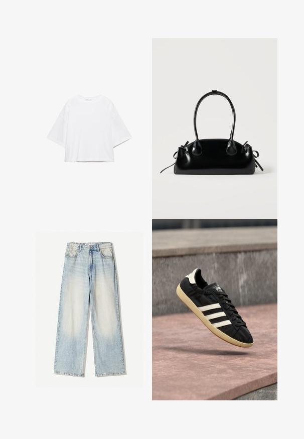 Hvid, kortærmet, løs t-shirt lavet af blød bomuld. Har rund halsudskæring og brede ærmer, med et rent, enkelt design.; Lyseblå denimbukser med vid ben, der har fem lommer, subtil falmning og synlige sømme langs kanterne.; Sort Adidas sneaker med hvide striber og beige sål, fanget i luften over en stenet overflade og baggrund af en stenmur.; Lille sort blank håndtaske med to lange håndtag og snøre-detaljer i siden på en ensfarvet lys baggrund.
