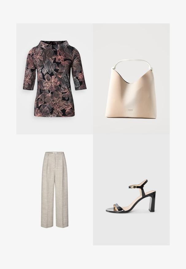 Top negro con mangas tres cuartos, con un estampado floral en rosa claro y líneas blancas, con escote redondo y ajuste holgado.; Pantalones de tiro alto en gris claro con una tela texturizada, piernas anchas y dos pliegues frontales. Con cierre de botón en la parte delantera y presillas para cinturón.; Sandalia de tacón alto de charol negro con correa en el tobillo, punta abierta y tacón cuadrado. Textura suave y diseño minimalista.; Bolso beige de DKNY con parte superior curva y asa blanca única, superficie texturizada, diseño minimalista y pequeño logo centrado en el frente.