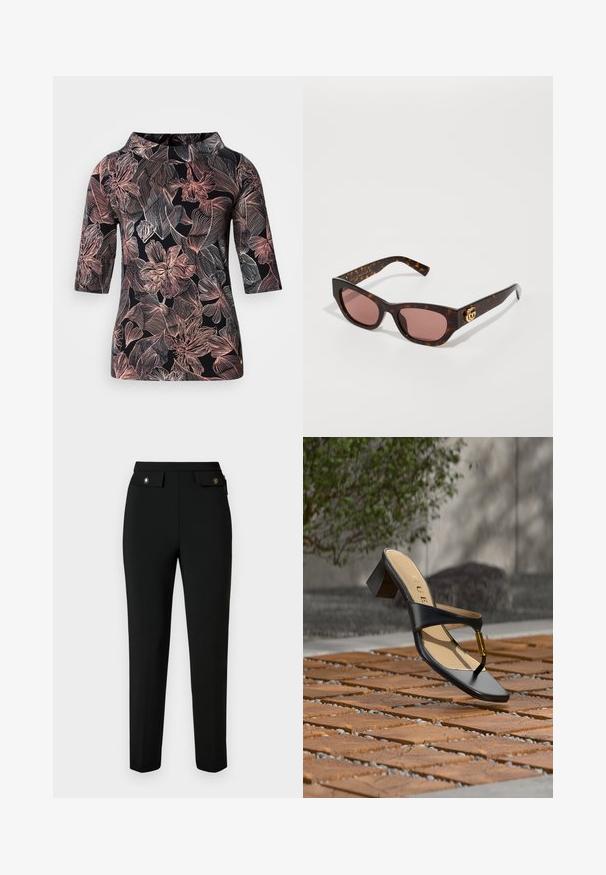 Schwarzes Oberteil mit dreiviertel Ärmeln, verziert mit einem floralen Muster in Hellrosa und weißen Linien, mit rundem Ausschnitt und lockerem Schnitt.; Schwarze maßgeschneiderte Hose aus glattem Stoff, mit geradem Schnitt, zwei vorderen Taschen mit Klappen und Akzenten aus Goldton.; Schwarze Sandalette mit Absatz, Zehenschlaufe und goldenem Akzent, auf einer Holz- und Steinpflasteroberfläche im Freien nahe Grünflächen platziert.; Cat-Eye-Sonnenbrille mit einem Gestell aus Schildpatt-Kunststoff, rosafarbenen Gläsern und einem goldenen Logo-Akzent an den Scharnieren. Glatte Textur und kantiges Design.