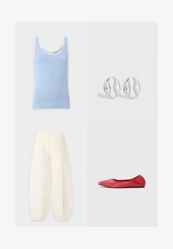 Light blue ribbed tank top with white trim around the neckline and sleeves, featuring a small "Stine Goya" logo on the chest.; Loose cream-colored pants with an elastic waistband and gathered elastic cuffs at the ankles against a plain background.; Filippa K REY FLATS - Ballet pumps - bright red; Pair of shiny silver hoop earrings with a twisted, wavy design, displayed on a plain light background.