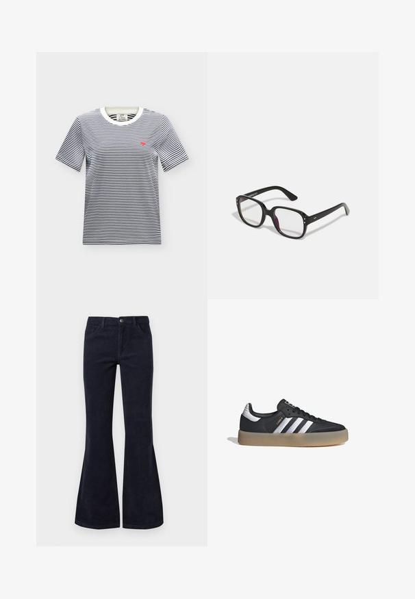 Camiseta blanca de manga corta con finas rayas horizontales negras y un pequeño corazón rojo bordado en el pecho izquierdo.; Pantalones de pana azul oscuro de corte acampanado con cintura alta, cinco bolsillos y cierre de botón, presentan una textura suave y un patrón de superficie acanalado.; Zapatilla deportiva de cuero negro con tres rayas plateadas, punta texturizada y suela de goma. Cuenta con un collar acolchado y un diseño con cordones.; Gafas rectangulares negras con lentes transparentes, con bordes redondeados y acentos laterales, con un acabado brillante en el marco y las patillas.