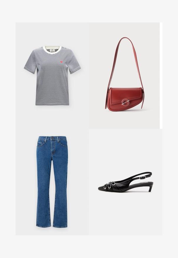Wit T-shirt met korte mouwen, dunne zwarte horizontale strepen en een klein rood hart geborduurd op de linkerborst.; Lichtblauwe denim jeans met een rechte snit, vijf-pocket ontwerp en gestikte details. De stof is textuur met lichte vervaging.; Zwarte leren slingback schoen met puntige neus, drie zilveren gespen aan de voorkant en lage kittenhak op witte achtergrond.; Rode leren schoudertas met een gebogen klep en zilveren ronde gesp op een effen lichte achtergrond.