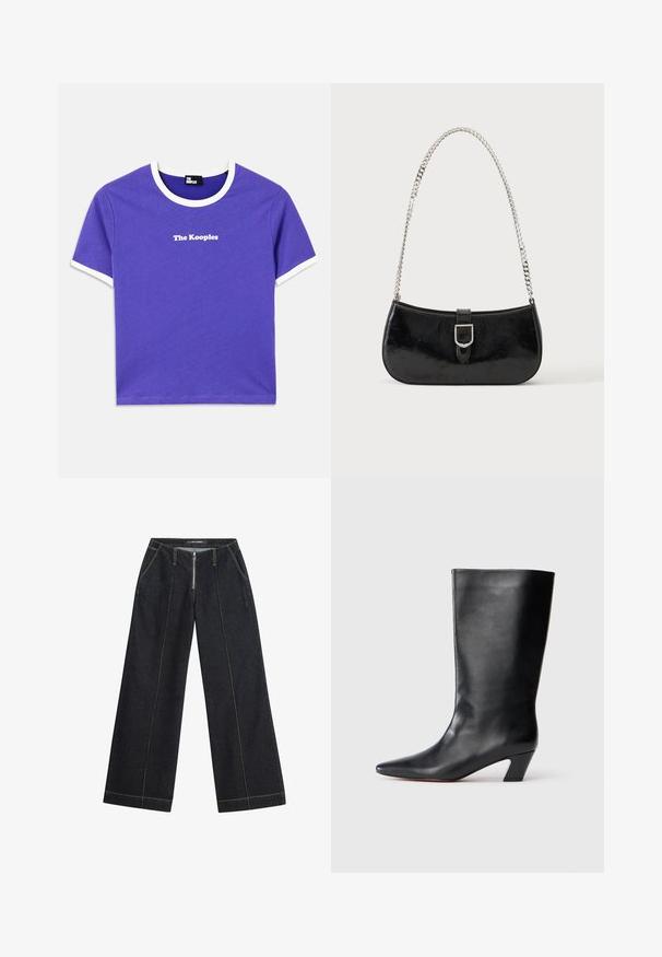 Fialové bavlnené tričko s bielym ribovaným golierom a okrajmi rukávov, s bielym potlačeným logom "The Kooples" na prednej strane.; Tmavé denimové nohavice so širokými nohavicami a žltým kontrastným prešívaním, so zipsom na prednej strane. Dve bočné vrecká a mierne štruktúrovaný strih.; Čierne kožené čižmy po kolená s špicatou špičkou, ostrým blokovým podpätkom a hladkou textúrou. Minimalistický dizajn bez viditeľných ozdôb.; Čierna lakovaná kožená kabelka na rameno so striebornou prackou a strieborným reťazovým remienkom, zobrazená na jednofarebnom svetlom pozadí.