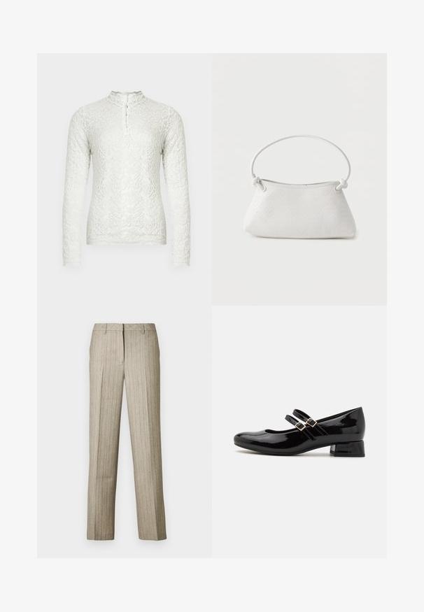 Witte lange mouwen top van kant met een hoge hals en knoopsluiting, een bloemenpatroon en een gestructureerde afwerking.; Beige pantalon met krijtstrepen en een rechte pijp, voorzien van een gestructureerde tailleband en een subtiele textuur in de stof.; Zwarte gepatineerde leren Mary Jane-schoenen met een ronde neus, twee verstelbare gespbandjes en een lage blokhak. Gladde textuur, minimalistisch ontwerp.; Witte handtas van gevlochten leer met een afgeronde handgreep en uiteinden van de band die geknoopt zijn, afgebeeld tegen een effen achtergrond.
