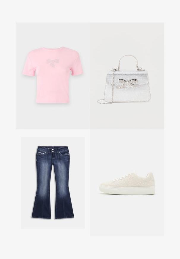 T-shirt en coton rose à manches courtes avec un motif de nœud orné de strass sur le devant. Encolure ras du cou, coupe décontractée.; Jean évasé bleu foncé en denim, doté de cinq poches, de coutures contrastantes et d'une fermeture à boutons avec des accents décoratifs à l'avant.; Baskets beiges avec une surface texturée, ornées de petites perles blanches, semelle plate en caoutchouc blanc et design à lacets. Forme simple et arrondie.; Petit sac à main argenté avec une anse supérieure, une bandoulière chaîne et un nœud décoratif avec des strass sur le rabat avant.