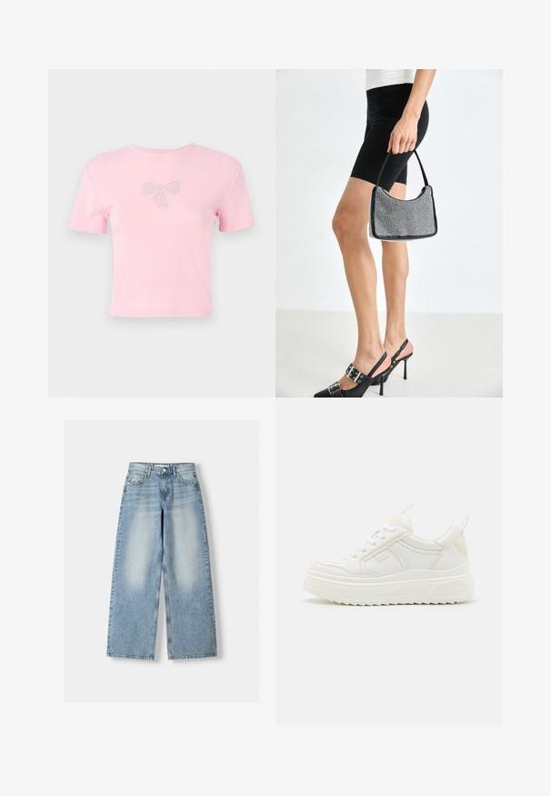 Korte mouwen roze katoenen t-shirt met een strikontwerp versierd met rhinestones aan de voorkant. Ronde hals, ontspannen pasvorm.; Lichtblauwe denim wijde jeans met een hoge taille, met een vervaagde afwerking, vijf zakken en een rechte cut.; Witte leren sneakers met een stevige zool, vetersluiting en subtiele branding. Heeft een zachte textuur en een ronde neus.; Zwarte beaded handtas met een gebogen silhouet, draaghandvat en glanzende textuur. Draagt bij hoge zwarte hakken en strakke zwarte shorts.