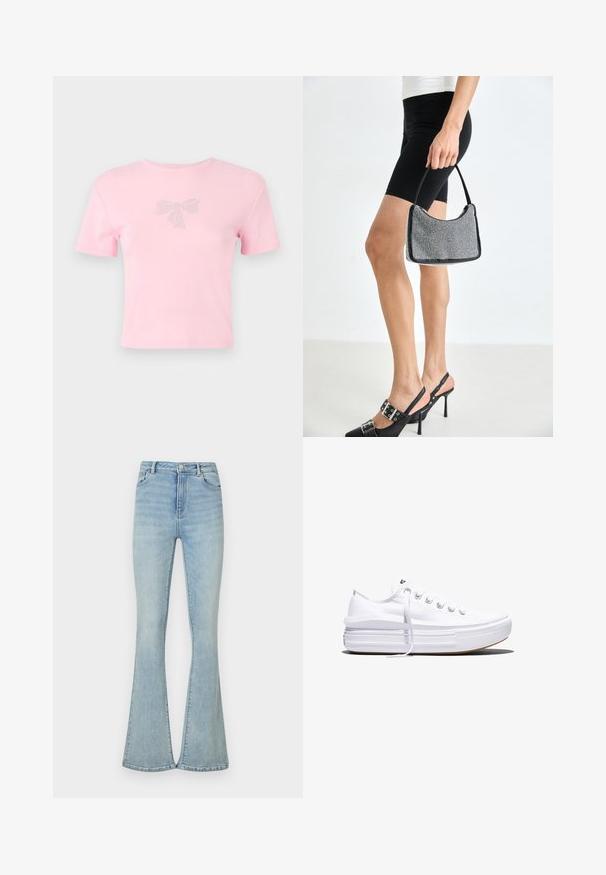 Korte mouwen roze katoenen t-shirt met een strikontwerp versierd met rhinestones aan de voorkant. Ronde hals, ontspannen pasvorm.; Lichtblauwe flared jeans van denim, met een hoge taille, standaard vijf-pocket ontwerp en schone zomen. Glad textuur, minimale details.; Witte lage canvas sneaker met dikke plateauzool, veters aan de voorkant en rubberen toeskap met structuur, zijaanzicht.; Zwarte beaded handtas met een gebogen silhouet, draaghandvat en glanzende textuur. Draagt bij hoge zwarte hakken en strakke zwarte shorts.