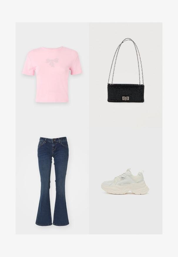 Korte mouwen roze katoenen t-shirt met een strikontwerp versierd met rhinestones aan de voorkant. Ronde hals, ontspannen pasvorm.; Uitlopende blauwe denim jeans gemaakt van katoen met een middelhoge taille, vijf-pocket ontwerp en contrasterende stiksels langs de naden.; Chunky sneakers in off-white, met een textuurmesh en een glad leren bovenwerk, voorzien van een dikke, golvende zool en merkaanduidingen.; Zwarte kralenhandtas met een rechthoekige vorm, zilveren schakelslinger en een metalen sluiting met een geometrisch ontwerp. Textuur oppervlak met kralen.