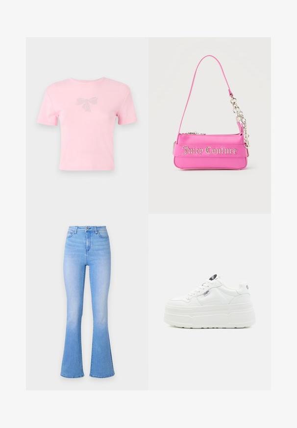 Korte mouwen roze katoenen t-shirt met een strikontwerp versierd met rhinestones aan de voorkant. Ronde hals, ontspannen pasvorm.; Lichtblauwe flare jeans met hoge taille, gemaakt van denim. Heeft een gladde textuur en een subtiele vervaging naar de zoom toe. Klassiek ontwerp met vijf zakken.; Witte platform sneakers met een glad synthetisch buitenkant, ronde neus, gewatteerde kraag en textuurzool. Bevat een contrasterend logo label.; Kleine felroze Juicy Couture-handtas met zilveren kettingdetail en logotekst aan de voorkant, enkele smalle schouderband.