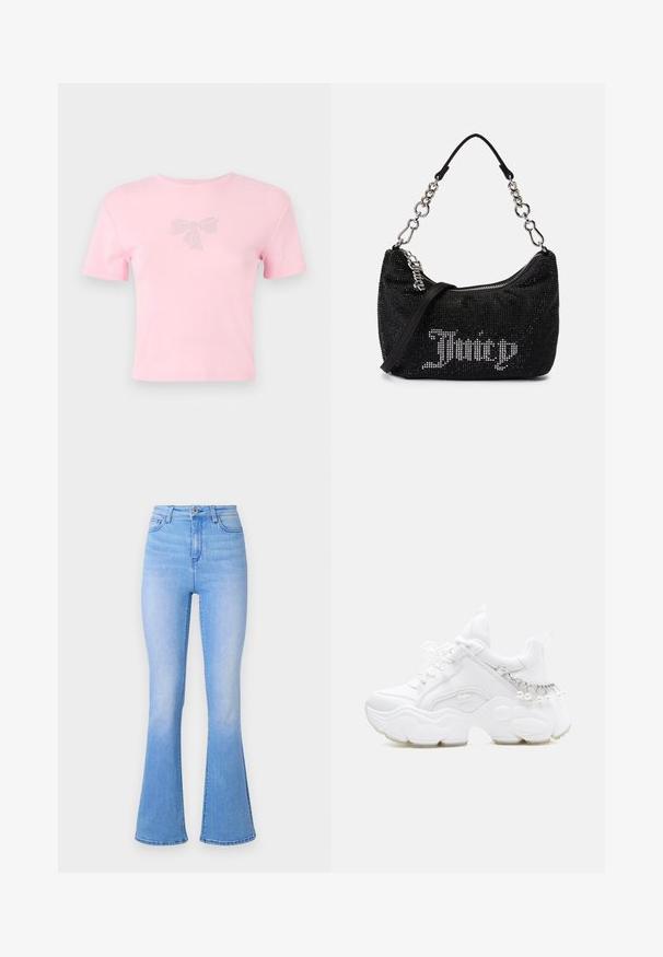 Korte mouwen roze katoenen t-shirt met een strikontwerp versierd met rhinestones aan de voorkant. Ronde hals, ontspannen pasvorm.; Lichtblauwe flare jeans met hoge taille, gemaakt van denim. Heeft een gladde textuur en een subtiele vervaging naar de zoom toe. Klassiek ontwerp met vijf zakken.; Witte chunky sneaker met dikke zool, veters aan de voorkant en kettinkdetail met hangende parels op de hiel.; Zwarte tas met rhinestone versieringen, een gebogen vorm en een zilveren kettinghandvat. Voorzien van een rits en het "Juicy" logo in het wit.