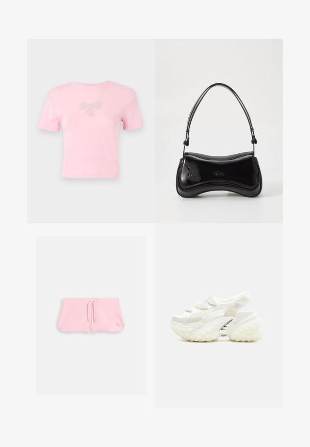 T-shirt en coton rose à manches courtes avec un motif de nœud orné de strass sur le devant. Encolure ras du cou, coupe décontractée.; Shorts roses en tissu doux, dotés d'un cordon de serrage avec des embouts en argent et d'un petit logo brodé dans le coin en bas à droite.; Sandale de sport blanche épaisse avec des brides Velcro ajustables, des détails perforés, une semelle épaisse texturée et un accent argenté sur la voûte plantaire.; Sac à main en vernis noir avec une forme courbée, une poignée unique et un fond arrondi. Présente un détail de logo discret à l'avant.