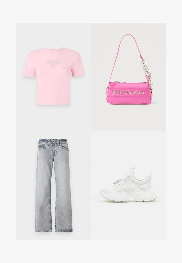 Kortærmet pink bomulds t-shirt med en rhinsten-beklædt sløjfe-design foran. Rund halsudskæring, afslappet pasform.; Lyseblå denimjeans med vid benlængde. Standard talje, fem lomme-stil og synlige syninger langs sømmene.; Hvide chunky sneakers lavet af læder og mesh-materialer, med en tyk sål, rund tå og dekorative snørebånd. Let teksturerede detaljer.; Lille lys pink Juicy Couture håndtaske med sølvkædedetalje og logotekst på forsiden, enkelt smalt skulderrem.