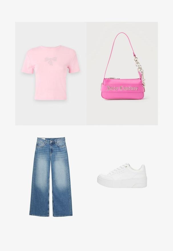 Korte mouwen roze katoenen t-shirt met een strikontwerp versierd met rhinestones aan de voorkant. Ronde hals, ontspannen pasvorm.; Lichtblauwe wijde spijkerbroek van denim. Heeft een hoge tailleband, voorzakken en decoratieve studs langs de buitennaad.; Witte plateau sneaker met veters aan de voorkant, geperforeerde zijkanten en dikke zool, weergegeven vanaf de buitenkant op een witte achtergrond.; Kleine felroze Juicy Couture-handtas met zilveren kettingdetail en logotekst aan de voorkant, enkele smalle schouderband.