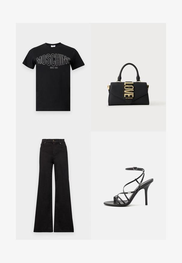 Sort bomuld t-shirt med rund halsudskæring og korte ærmer. "MOSCHINO" i rhinsten over brystet, med "SINCE 1983" nedenunder.; Sorte flared jeans lavet af denim med høj talje, med forlommer og metaldele på knappen og nitterne.; Sort højhælet sandal med tynde stropper, en ankelspænde, en glat læderoverflade og en slank stilethæl.; Sort håndtaske med enkelt håndtag, guldlås med ordet LOVE og "Love Moschino" branding på frontklappen.