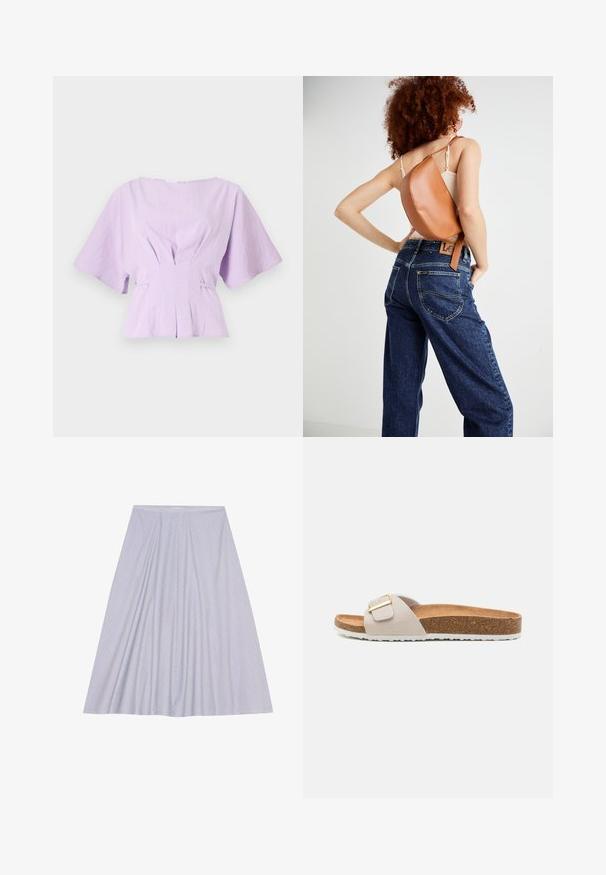 Lilla linned blouse med korte, brede ærmer, samlet detaljering i taljen og en afslappet pasform, med subtile plisseringer foran.; Anna Field A-snit nederdel - blue/white; Lys grå slidesandal med en tekstureret rem og en guldbeslag. Har en korkfodrør og en hvid gummisål med et zigzag-mønster.; Brun læder rygsæk med et unikt buet design. Båret diagonalt, parret med højlivet blå denimjeans med gul syning.