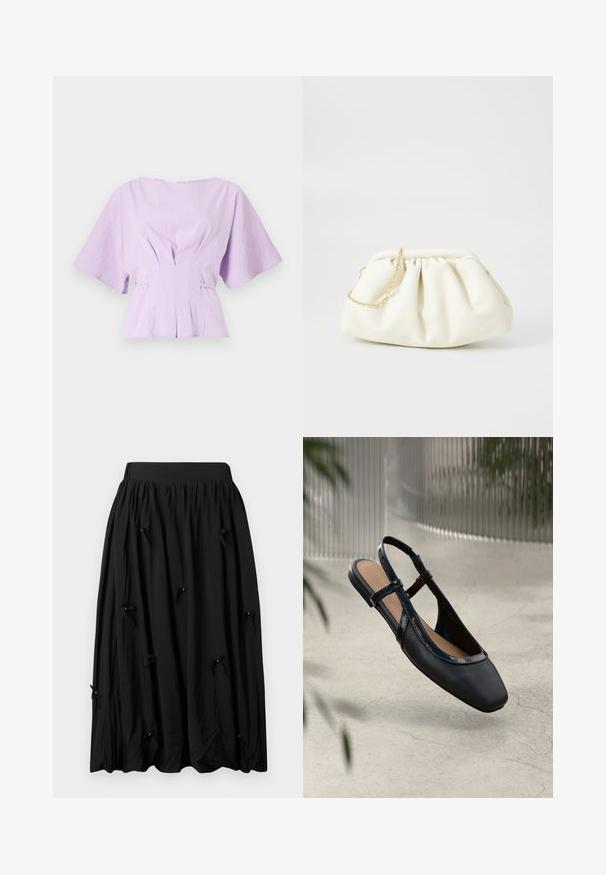 Blusa de lino lila con mangas cortas y anchas, detalles fruncidos en la cintura y un corte holgado, que presenta pliegues sutiles en la parte delantera.; Falda negra de tela suave, con una cinturilla fruncida, diseño hasta la rodilla y pequeños lazos con cuentas en intervalos.; Zapato plano de piel negra tipo slingback con punta cuadrada, que presenta un ribete brillante de charol y correas ajustables para un ajuste seguro.; Bolso de mano de cuero blanco con un diseño recogido, cuenta con una cadena dorada y forma redondeada. Textura suave con pliegues suaves y sin patrones.