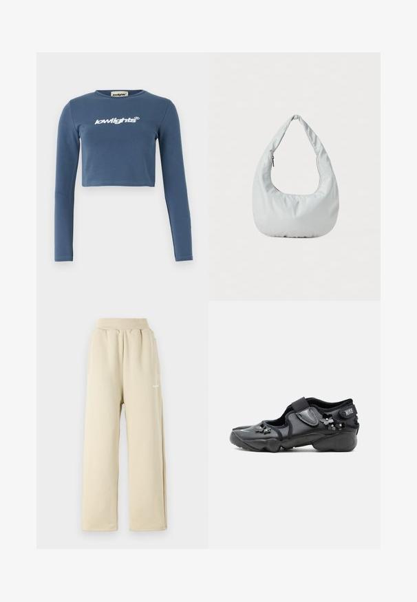 Blå cropped langærmet skjorte lavet af blødt bomuld, med hvid broderet "lowlights" logo på forsiden. Glat overflade, ribbet halsudskæring.; Beige brede sweatpants lavet af blødt stof, med elastisk talje, sidelommer og lille broderet logo detaljer.; Sort Nike Air sko med velcrorem, dekoreret med små sorte blomsterudsmykninger på siden og foran.; Blød, lys grå hobo-taske lavet af syntetisk materiale. Har et enkelt polstret håndtag og en lynlåslomme på siden.