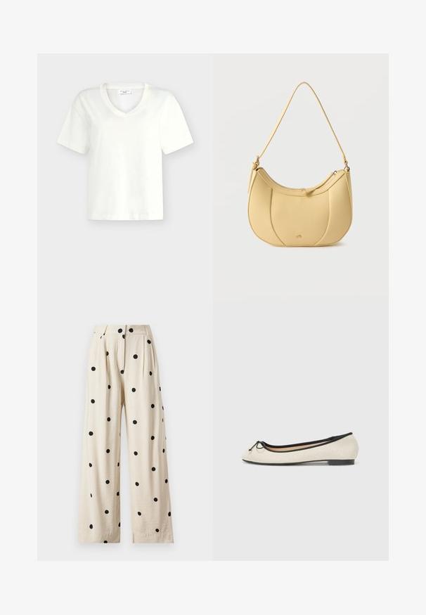 Weißes kurzärmeliges Baumwoll-T-Shirt mit V-Ausschnitt und einem Marc O’Polo Denim-Label im Innenkragen.; Hoch taillierte, weit geschnittene cremefarbene Hose mit schwarzen Polka-Dots, plissiertem Vorderteil und Knopfverschluss am Bund.; Balletschuh aus beigem Textil mit schwarzem Rand. Mit einer abgerundeten Schuhspitze und einem kleinen Schleifenakzent an der Vorderseite. Flache Sohle.; Gelbe Schultertasche aus Kunstleder mit geschwungenem, gestepptem Design und Reißverschluss, mit glatter Textur und einem tonalen Schultergurt.