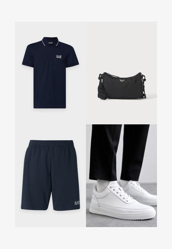 Mørkeblå polo-shirt lavet af bomuld med klassisk krave, tre-knaps placket og hvide accentlinjer omkring kraven og ærmerne. EA7-logo i hvid.; Marineblå shorts med elastisk talje lavet af blødt stof, med sidelommer og et lille hvidt EA7-logo på nederste venstre ben.; Hvide lædersneakers med en flad gummisål, der har en glat overflade, rund tå og metaløjer til snørebånd. Bæret med sorte bukser.; Sort rektangulær crossbody taske med sølv brandlogoemblem og justerbar rem på lys baggrund.