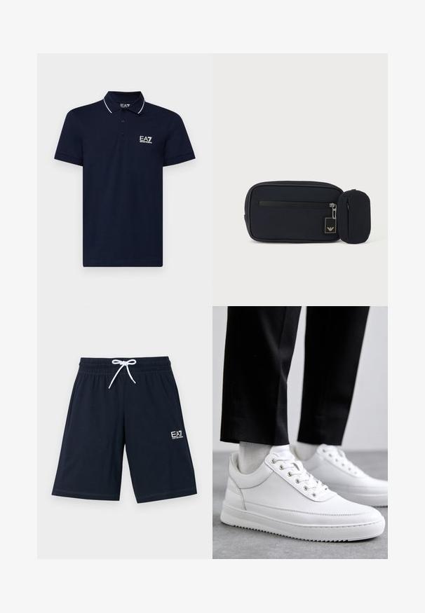 Navyblauwe polo gemaakt van katoen, met een klassieke kraag, een drie-knopen sluiting en witte accentlijnen rond de kraag en mouwen. EA7-logo in het wit.; Marineblauwe shorts van zachte stof met een elastische tailleband en een witte koord. Heeft een klein wit logo aan de onderzijde aan de linkerkant.; Witte leren sneakers met een platte rubberen zool, met een soepele afwerking, ronde neus en metalen oogjes voor de veters. Draag ze met een zwarte broek.; Zwart rechthoekig tasje met ritssluiting aan de voorkant en een klein aangehecht afgerond tasje, tegen een effen lichte achtergrond.