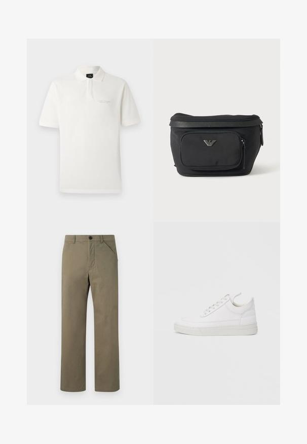 Chemise polo blanche en coton avec des manches courtes, un col classique et un petit logo brodé sur la poitrine. Texture lisse.; Pantalon vert olive clair en tissu lisse et résistant. Doté d'une fermeture à bouton et à zip, de poches latérales et d'un design à jambe droite.; Baskets en cuir blanc avec un embout arrondi, une semelle plate et un laçage à l'avant. Présentent des détails de couture et un col rembourré pour plus de confort.; Sac banane noir avec poche avant zippée et logo aigle argenté, tissu lisse avec bordure texturée et tirettes de fermeture éclair.