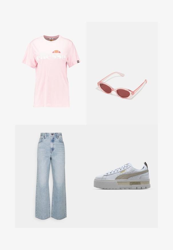 Ροζ βαμβακερό t-shirt με μεγάλο λευκό λογότυπο "ellesse", στρογγυλή λαιμόκοψη, κοντά μανίκια και μια μικρή ετικέτα λογότυπου στο μανίκι.; Ανοιχτό μπλε τζιν παντελόνι σε ίσια γραμμή με ψηλόμεση μέση, κλασικό σχέδιο πέντε τσεπών και αντίθετη ραφή. Λεπτομέρεια με ακατέργαστο χείλος στο κάτω μέρος.; Λευκό αθλητικό παπούτσι με έντονη μπεζ ρίγα, χοντρή γκρι σόλα και χρυσές λεπτομέρειες. Διαθέτει στρογγυρά κορδόνια και μια υφασμάτινη γλωττίδα με branding.; Ροζ διαφανή γυαλιά ηλίου με ωοειδείς φακούς, σκούρο κόκκινο τόνισμα και κομψούς βραχίονες, με απαλή υφή και διακριτές λεπτομέρειες στο σκελετό.
