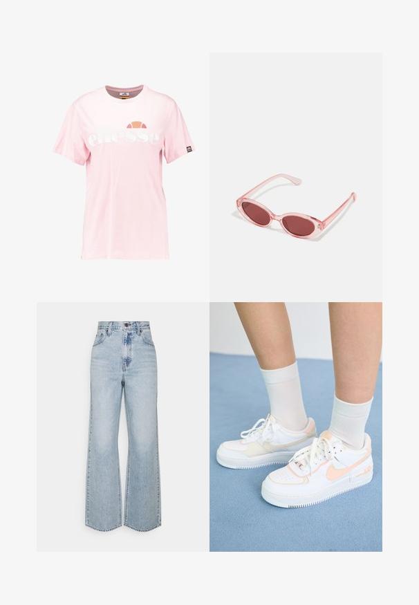 Ροζ βαμβακερό t-shirt με μεγάλο λευκό λογότυπο "ellesse", στρογγυλή λαιμόκοψη, κοντά μανίκια και μια μικρή ετικέτα λογότυπου στο μανίκι.; Ανοιχτό μπλε τζιν παντελόνι σε ίσια γραμμή με ψηλόμεση μέση, κλασικό σχέδιο πέντε τσεπών και αντίθετη ραφή. Λεπτομέρεια με ακατέργαστο χείλος στο κάτω μέρος.; Λευκά αθλητικά παπούτσια με ροζ αποχρώσεις, λείος δερμάτινος άνω μέρος, περφορέ σόλα, υφή σόλα και κορδόνια. Φορεμένα με λευκές κάλτσες μέχρι τον αστράγαλο σε μπλε επιφάνεια.; Ροζ διαφανή γυαλιά ηλίου με ωοειδείς φακούς, σκούρο κόκκινο τόνισμα και κομψούς βραχίονες, με απαλή υφή και διακριτές λεπτομέρειες στο σκελετό.