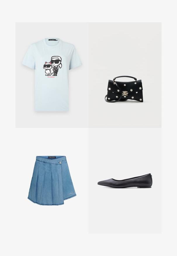Lichtblauwe katoenen t-shirt met een grafisch ontwerp van een persoon en een kat in zonnebrillen. De tekst "KARL LAGERFELD" is in het rood eronder gedrukt.; Denim rok in lichtblauw met geplooid ontwerp, metalen knoopsluiting en geborduurd detail aan de zoom. Gladde textuur en A-lijn vorm.; Zwarte platte leren schoen met puntige neus en lage hak, zijaanzicht tegen een witte achtergrond.; Zwarte leren handtas met zilveren studs, een bovenhandvat, afneembare schouderriem en een zilveren decoratieve sluiting op een effen achtergrond.